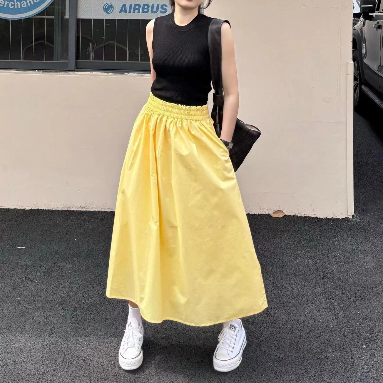 輕熟風時尚洋氣修身黑色上衣+黃色大擺裙兩件套