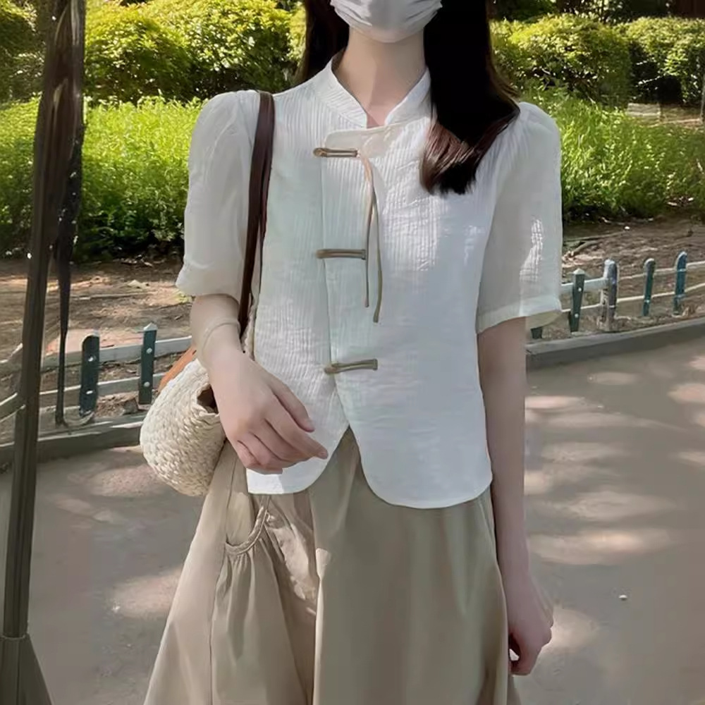 新中式國風泡泡袖襯衫+棕色傘裙兩件套