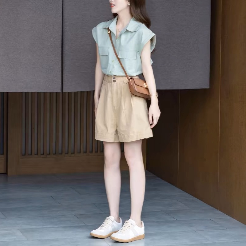 夏季新款小個子韓系多巴胺時尚顯瘦襯衫上衣+氣質休閒短褲套裝