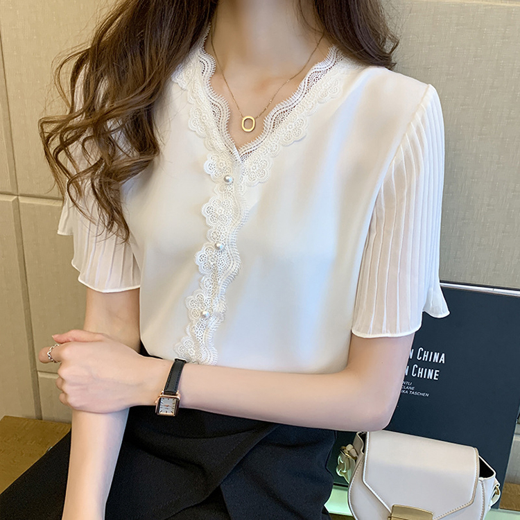 時尚氣質v領顯瘦雪紡蕾絲襯衫短袖