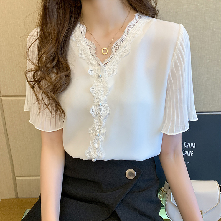 時尚氣質v領顯瘦雪紡蕾絲襯衫短袖