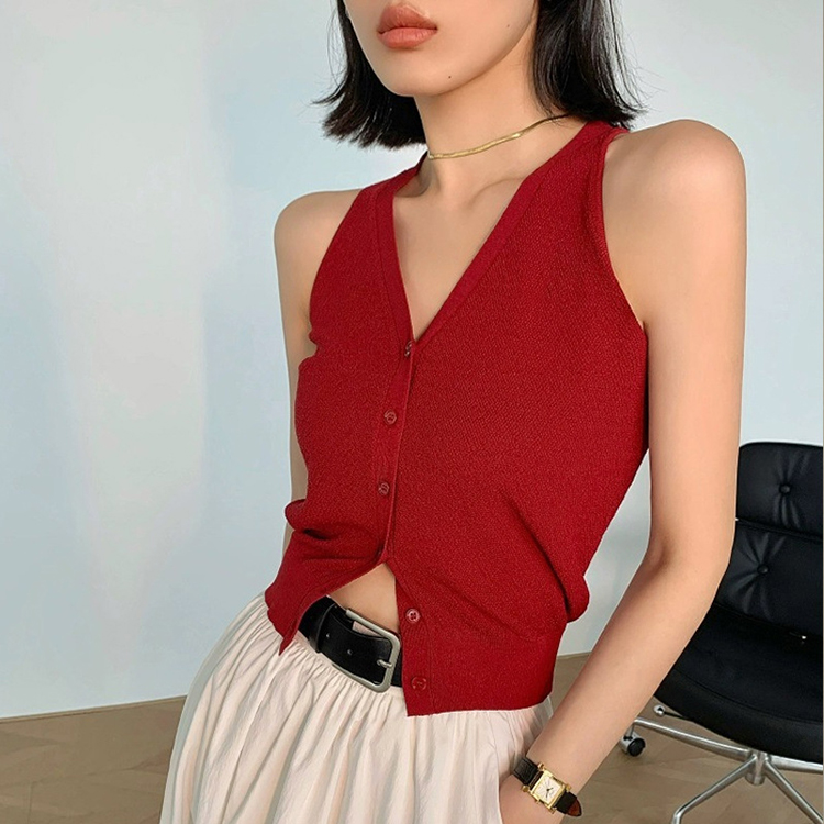 復古紅色無袖針織背心修身顯瘦短版辣妹上衣