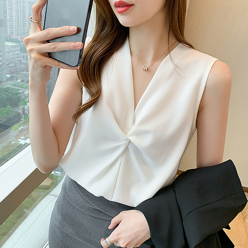 氣質輕熟風設計感醋酸緞面無袖背心上衣