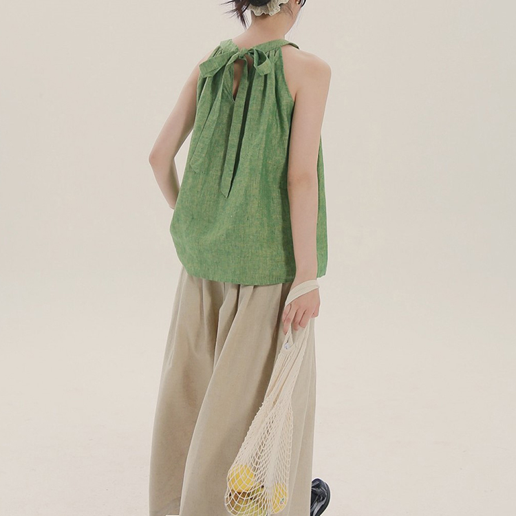 日韓休閑文藝氣質亞麻繫帶背心無袖上衣