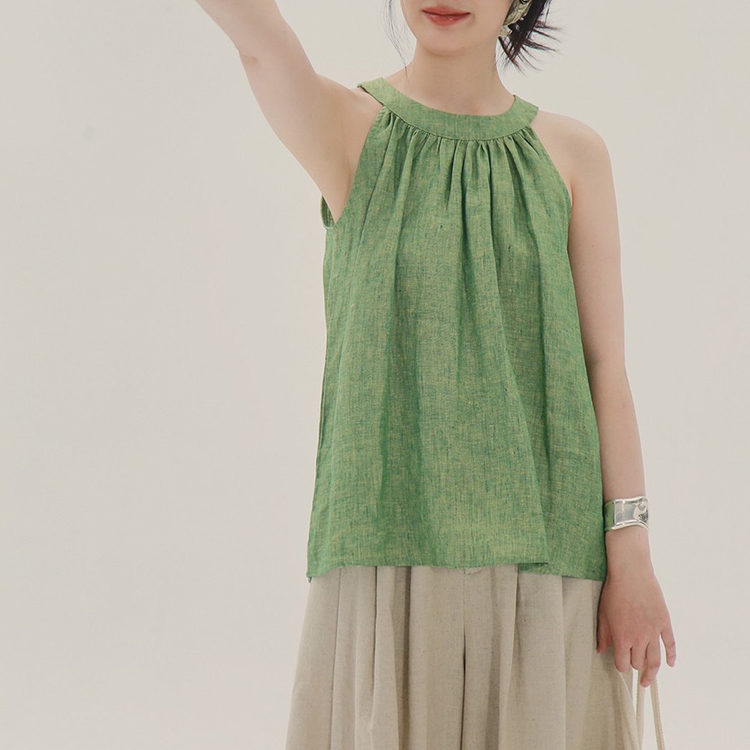日韓休閑文藝氣質亞麻繫帶背心無袖上衣