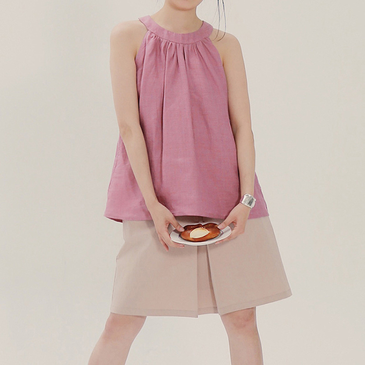 日韓休閑文藝氣質亞麻繫帶背心無袖上衣