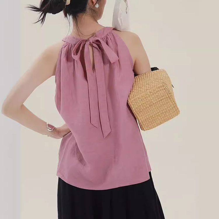 日韓休閑文藝氣質亞麻繫帶背心無袖上衣