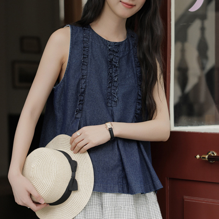 韓係原色藍別緻設計感拼接木耳邊牛仔無袖背心