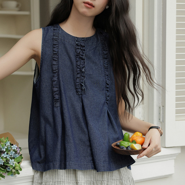韓係原色藍別緻設計感拼接木耳邊牛仔無袖背心