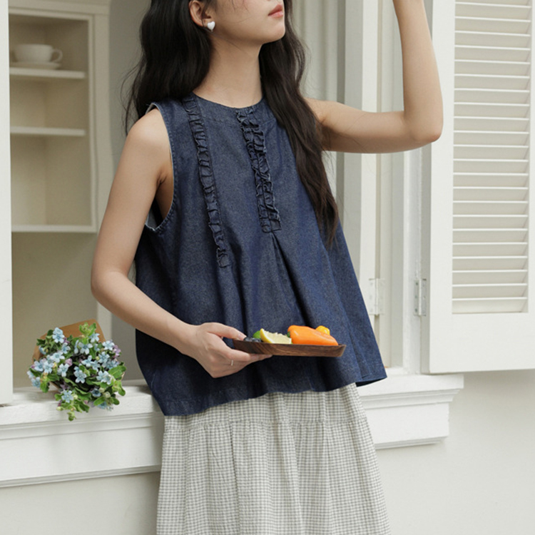 韓係原色藍別緻設計感拼接木耳邊牛仔無袖背心