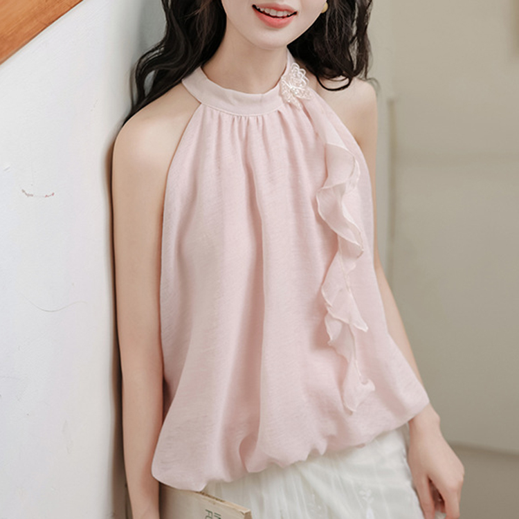 甜美風蝴蝶掛脖吊帶背心露肩無袖荷葉上衣