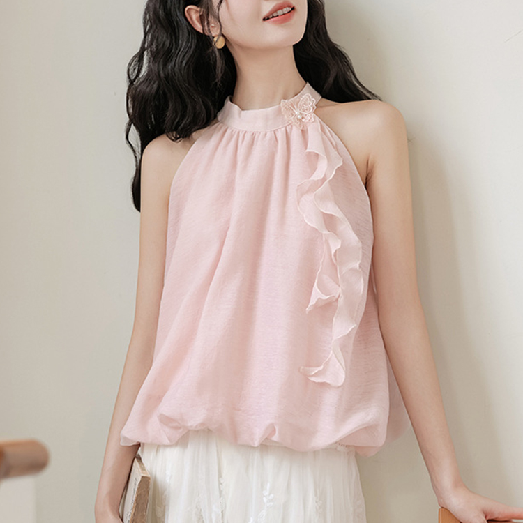 甜美風蝴蝶掛脖吊帶背心露肩無袖荷葉上衣