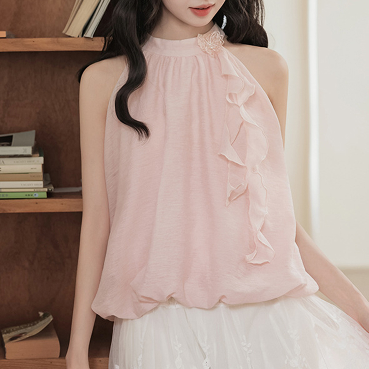 甜美風蝴蝶掛脖吊帶背心露肩無袖荷葉上衣