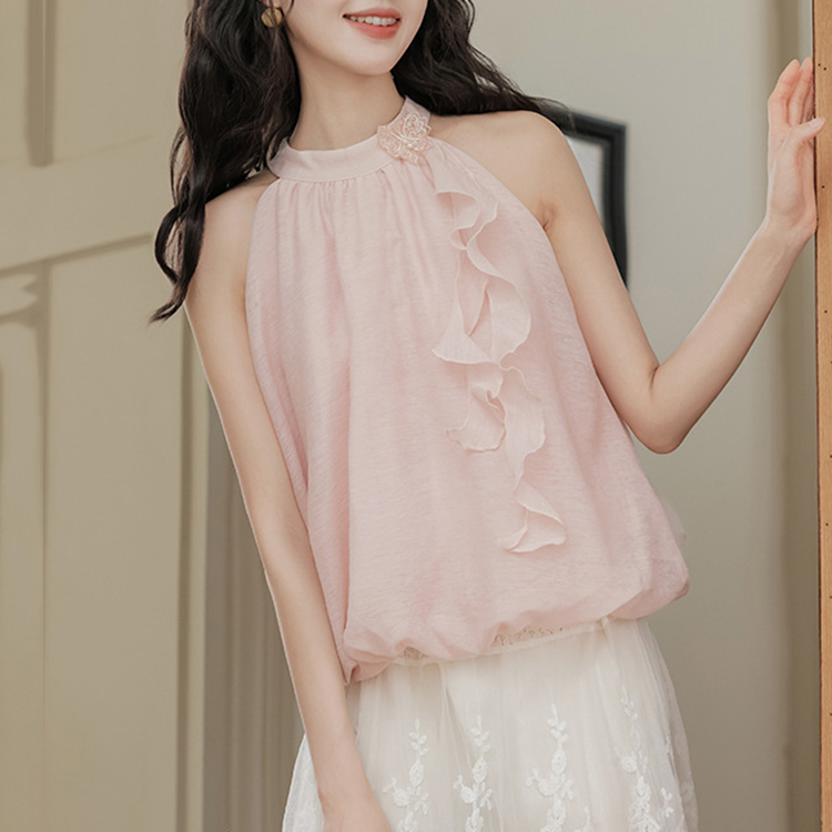甜美風蝴蝶掛脖吊帶背心露肩無袖荷葉上衣