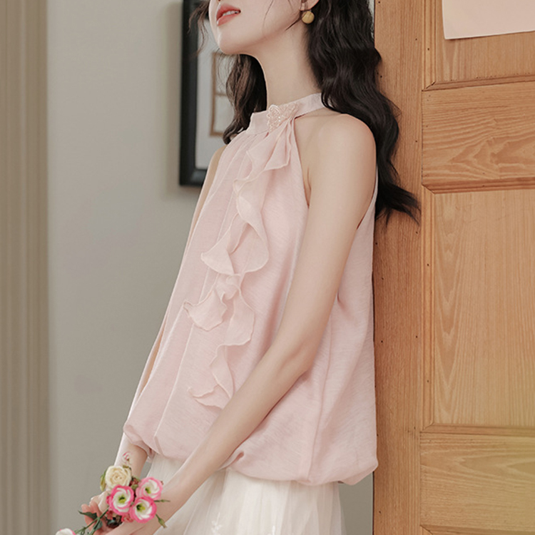 甜美風蝴蝶掛脖吊帶背心露肩無袖荷葉上衣