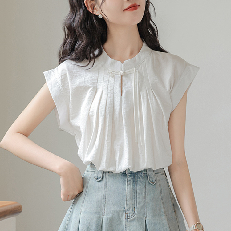 國風新中式盤扣設計感甜美小個子褶皺無袖襯衫上衣
