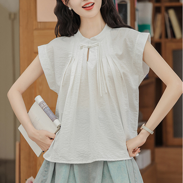 國風新中式盤扣設計感甜美小個子褶皺無袖襯衫上衣