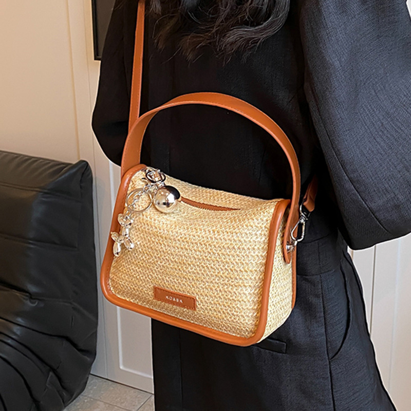 韓版小眾簡約時尚草編撞色手拎包斜背包