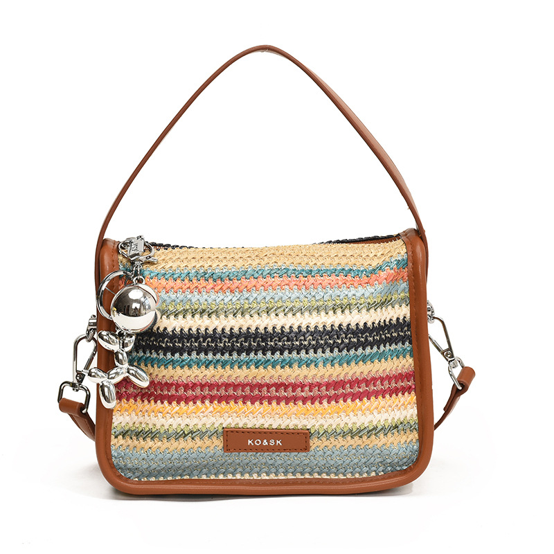 韓版小眾簡約時尚草編撞色手拎包斜背包