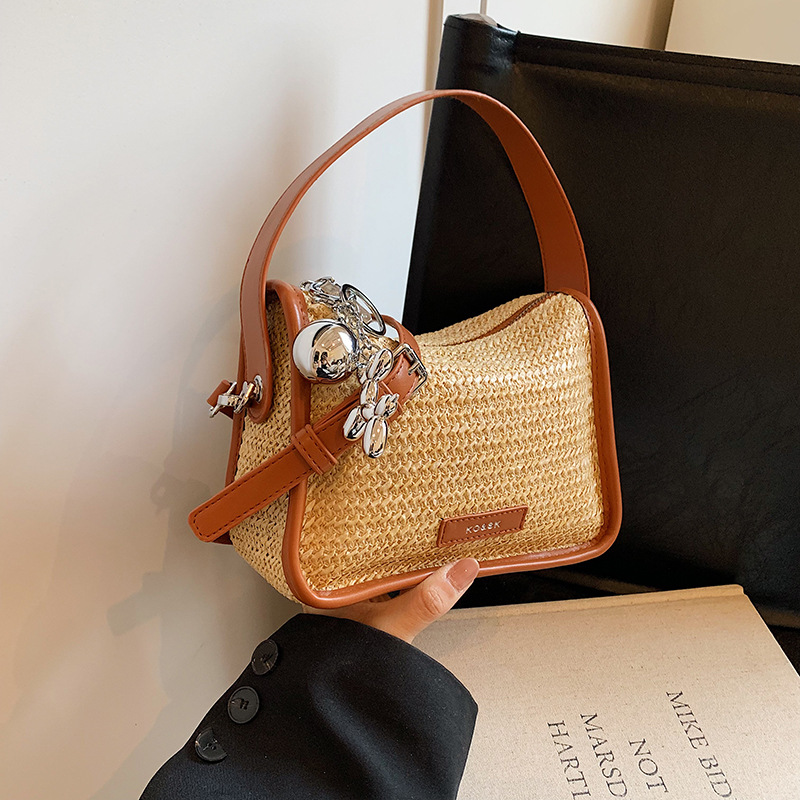 韓版小眾簡約時尚草編撞色手拎包斜背包