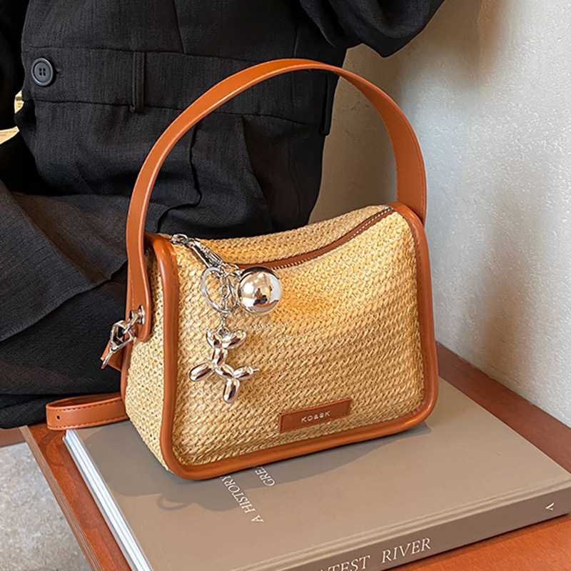 韓版小眾簡約時尚草編撞色手拎包斜背包