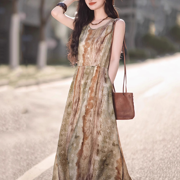 韓系休閑氣質暈染漸層印花無袖背心洋裝