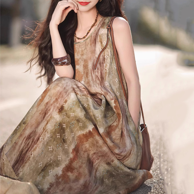 韓系休閑氣質暈染漸層印花無袖背心洋裝