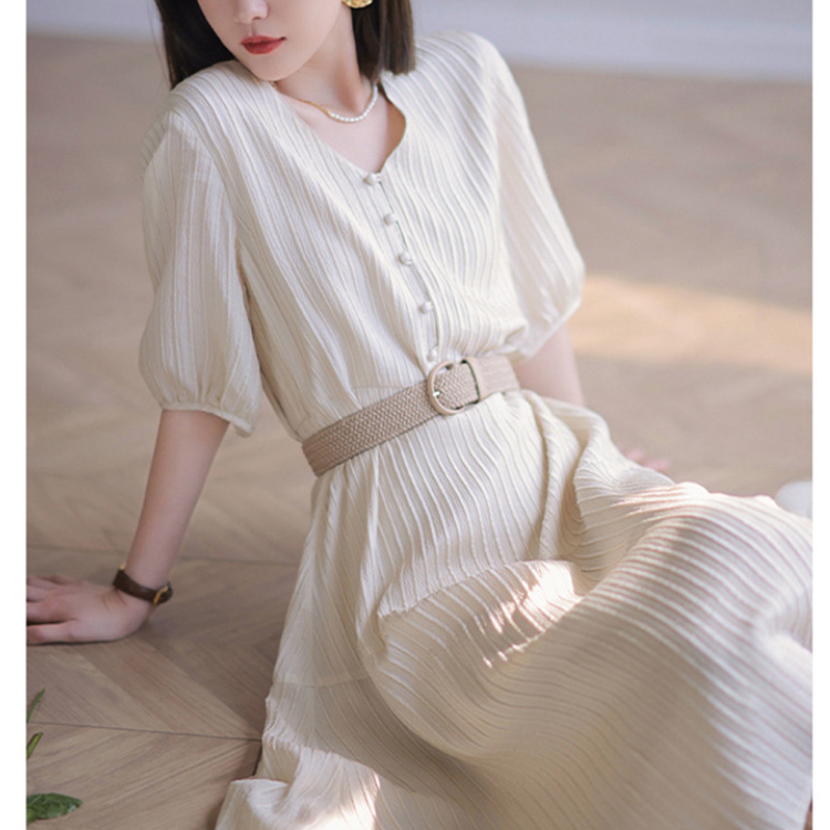 優雅知性高級感V領高腰顯瘦連身裙