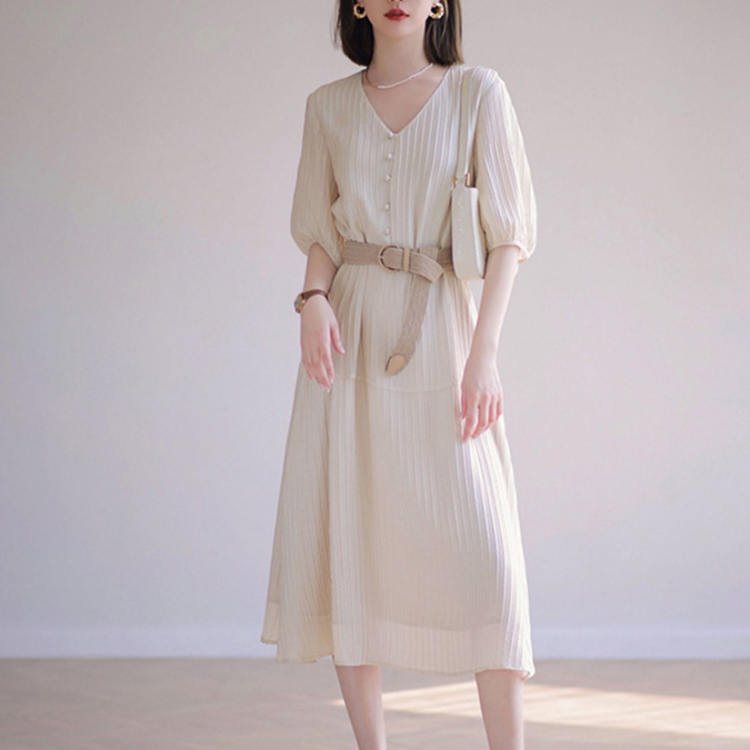 優雅知性高級感V領高腰顯瘦連身裙