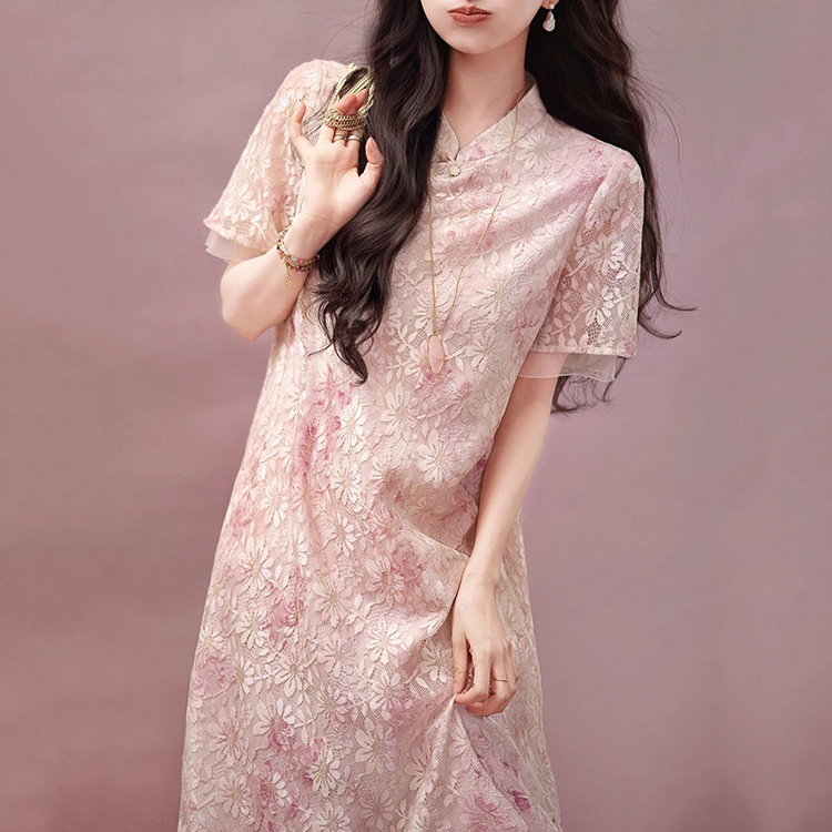 國風改良旗袍彩繡蕾絲氣質顯瘦連身裙