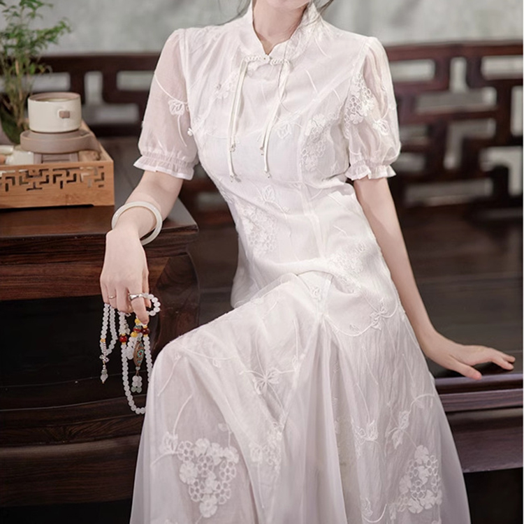 新中式國風重工刺繡顯瘦盤扣連身裙