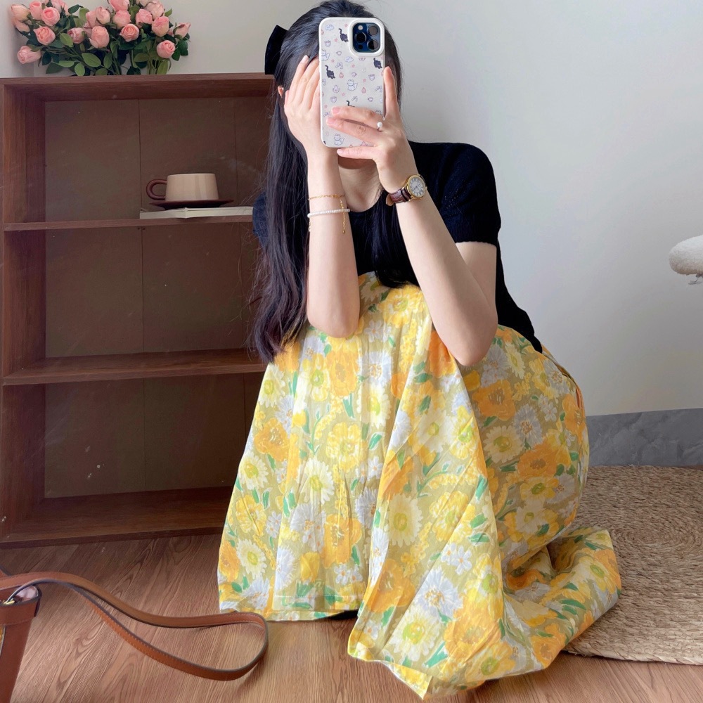 黃色水彩畫碎花莧麻半身裙法式小個子高腰中長裙