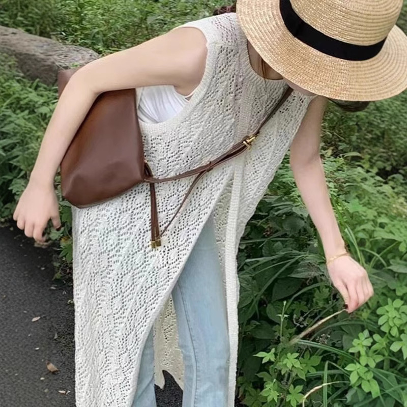 韓系百搭鏤空長款無袖防曬針織開襟衫