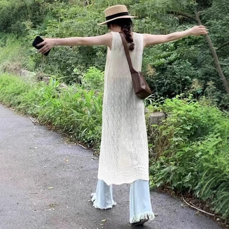 韓系百搭鏤空長款無袖防曬針織開襟衫