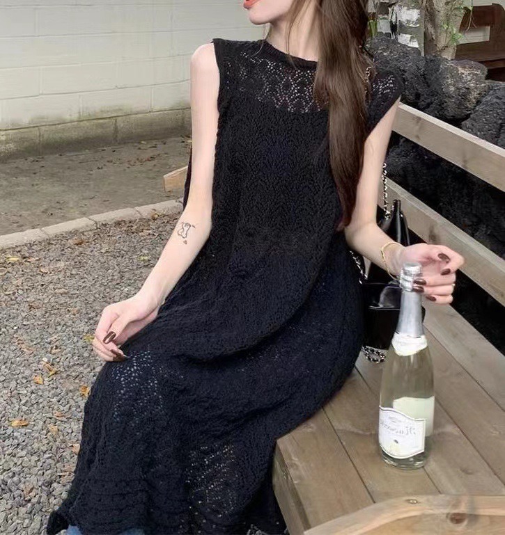 韓系百搭鏤空長款無袖防曬針織開襟衫