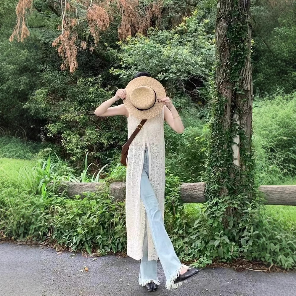 韓系百搭鏤空長款無袖防曬針織開襟衫