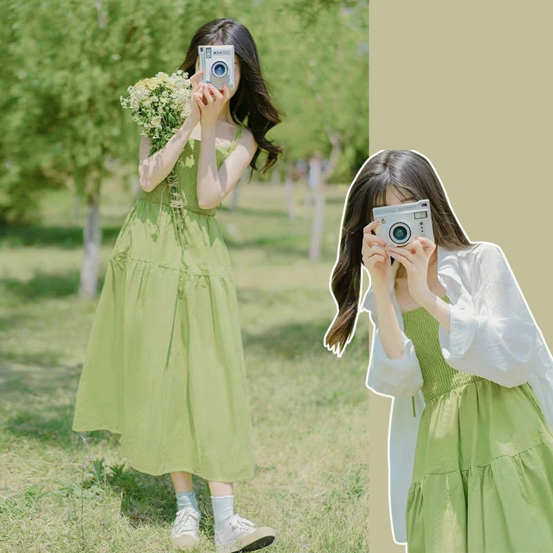 森系文藝氛圍感綠色收腰度假風連衣裙