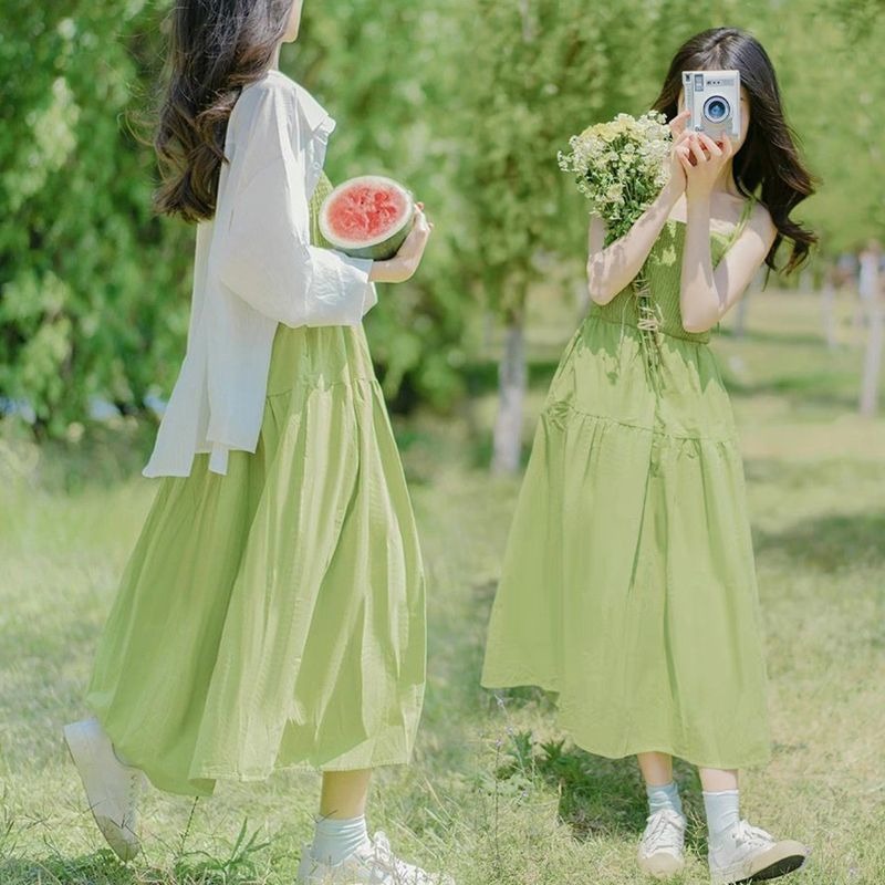 森系文藝氛圍感綠色收腰度假風連衣裙