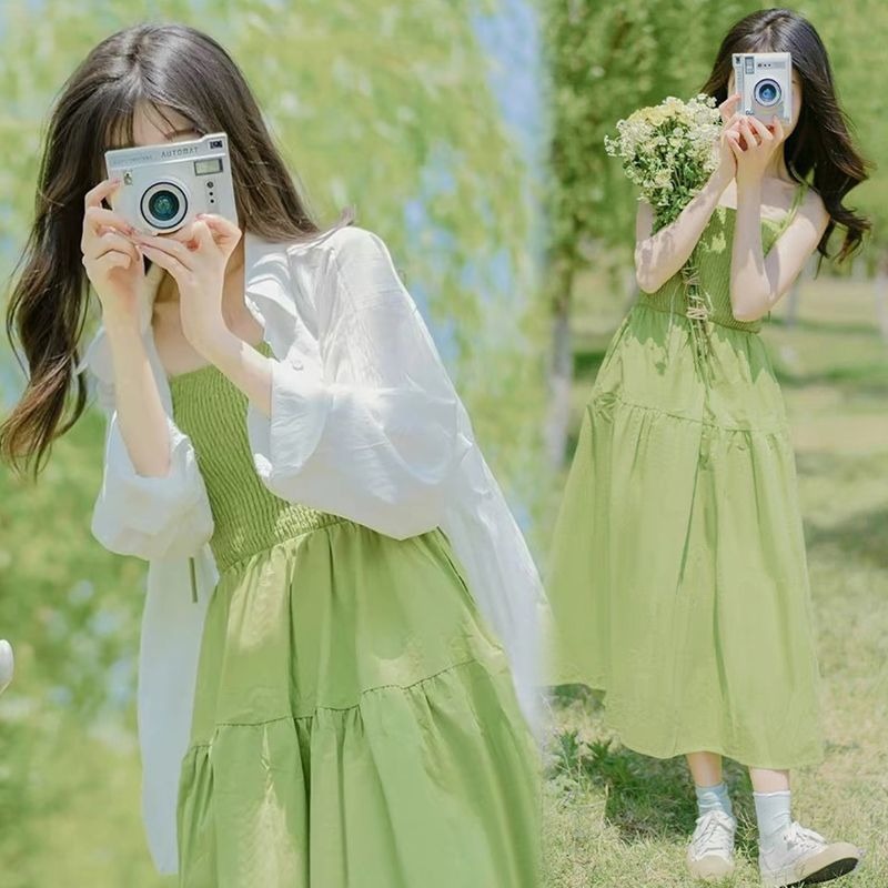 森系文藝氛圍感綠色收腰度假風連衣裙