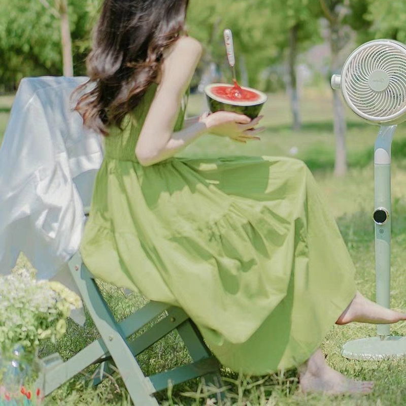 森系文藝氛圍感綠色收腰度假風連衣裙