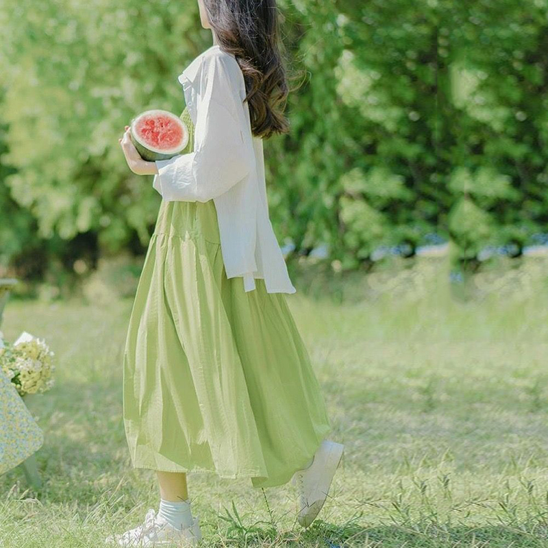 森系文藝氛圍感綠色收腰度假風連衣裙