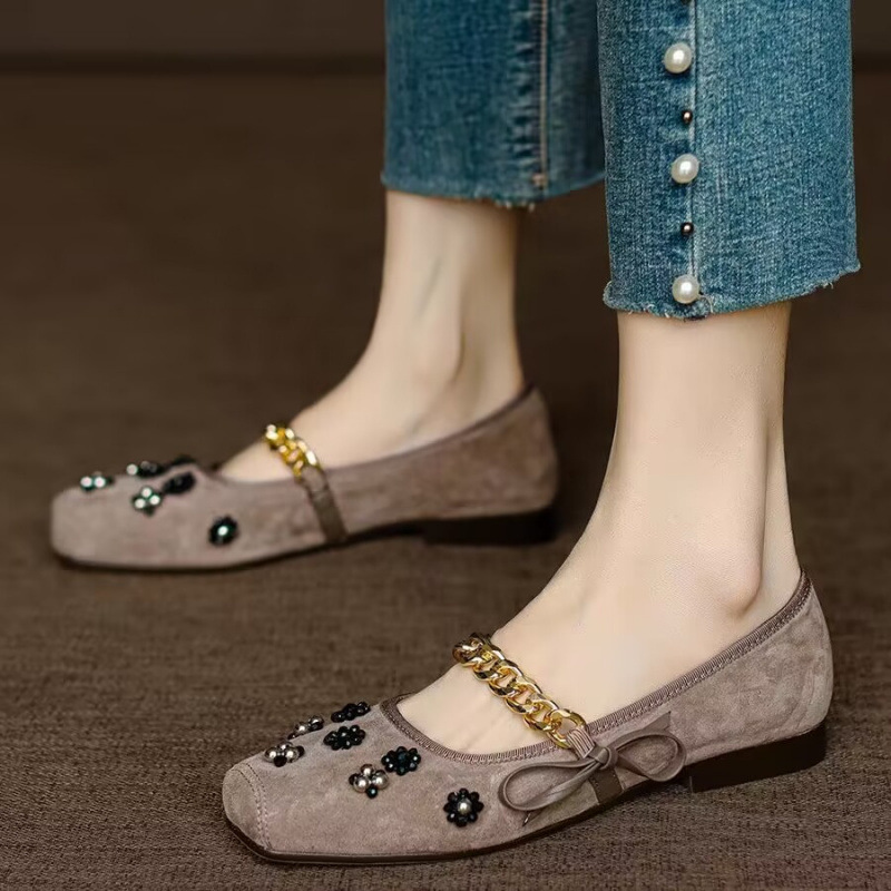 法式珍珠方頭淺口蝴蝶結平底瑪莉珍單鞋