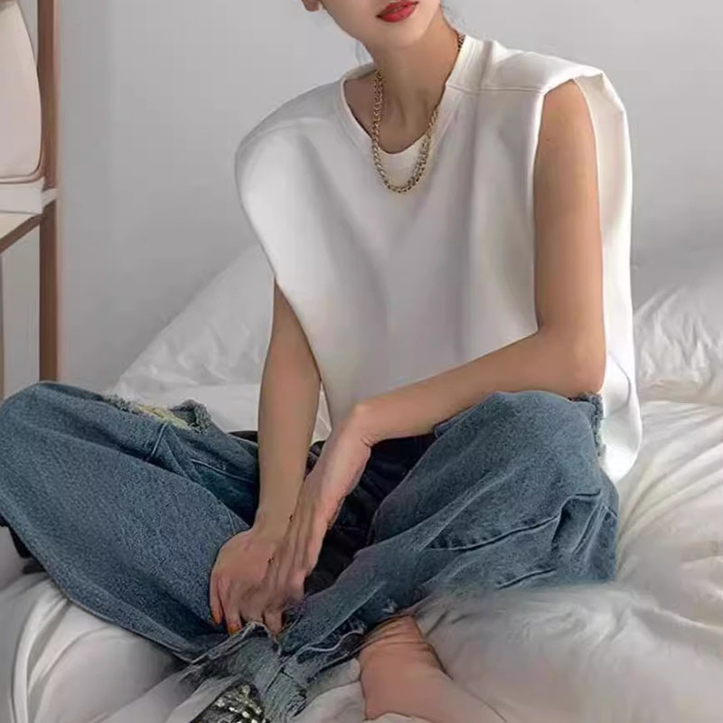 法式薄款墊肩無袖棉質T恤衫寬鬆休閒ins上衣