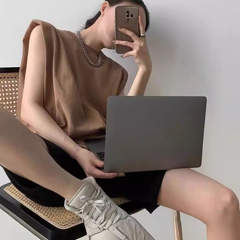 法式薄款墊肩無袖棉質T恤衫寬鬆休閒ins上衣