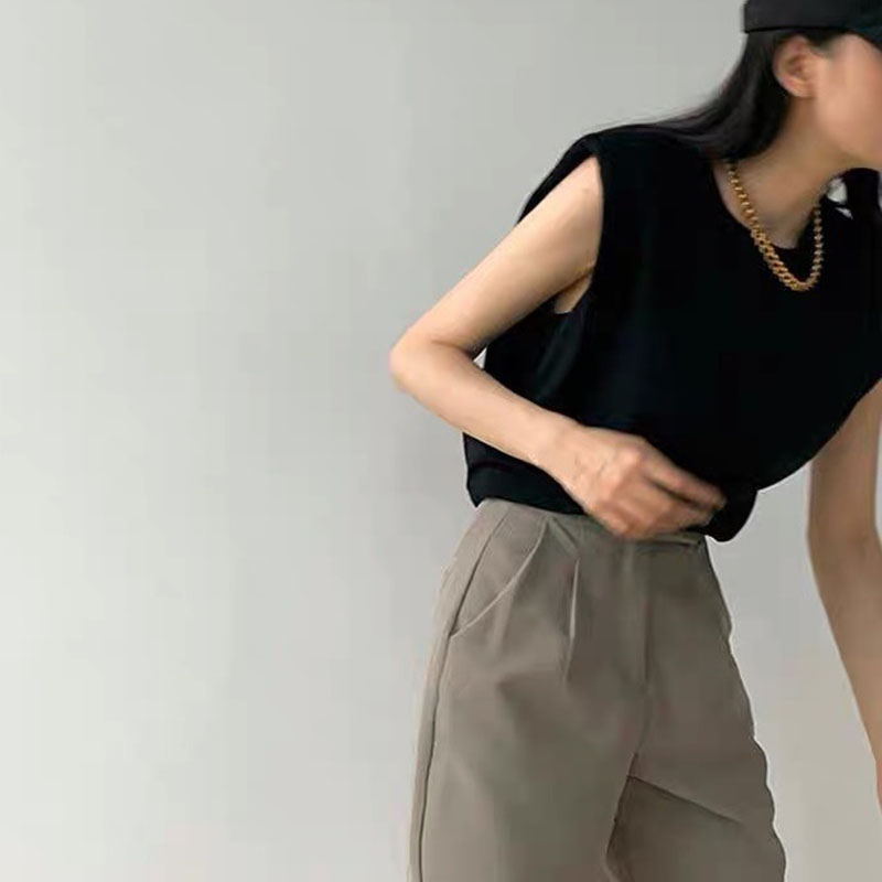 法式薄款墊肩無袖棉質T恤衫寬鬆休閒ins上衣