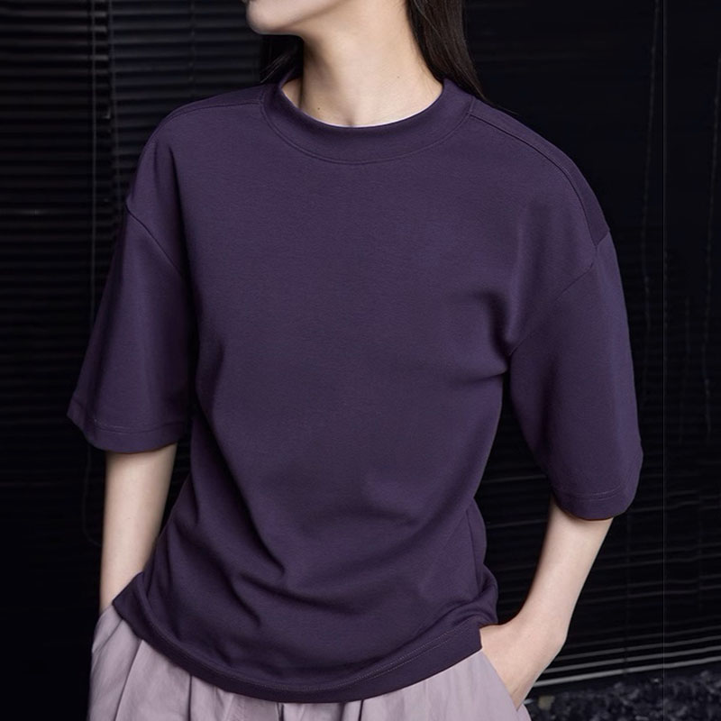 法式紫色圓領寬鬆百搭五分袖T卹