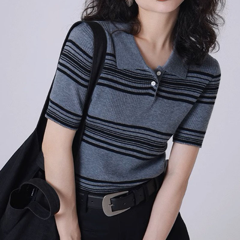 復古撞色條紋POLO領修身顯瘦短袖針織衫