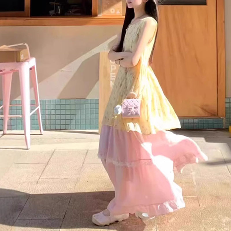 多巴胺套裝奶系甜美碎花背心洋裝疊穿粉紅色半身裙