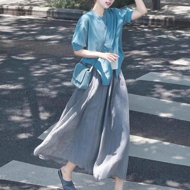 日系復古舒適鹽繫穿搭藍色襯衣+灰色傘裙套裝裙