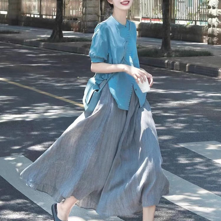 日系復古舒適鹽繫穿搭藍色襯衣+灰色傘裙套裝裙
